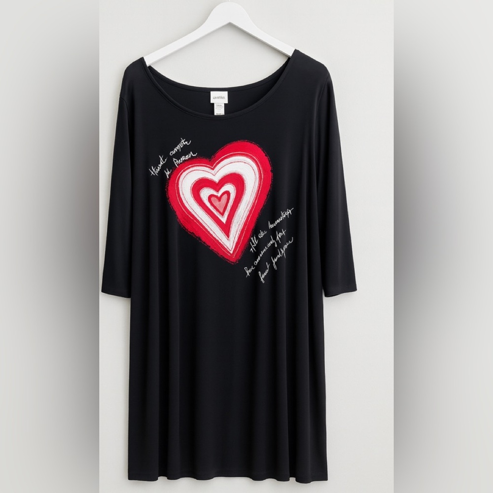 Chico’s Black Knit Lounge Dress Heart Print Nightgown L/XL 3/4 Sleeve